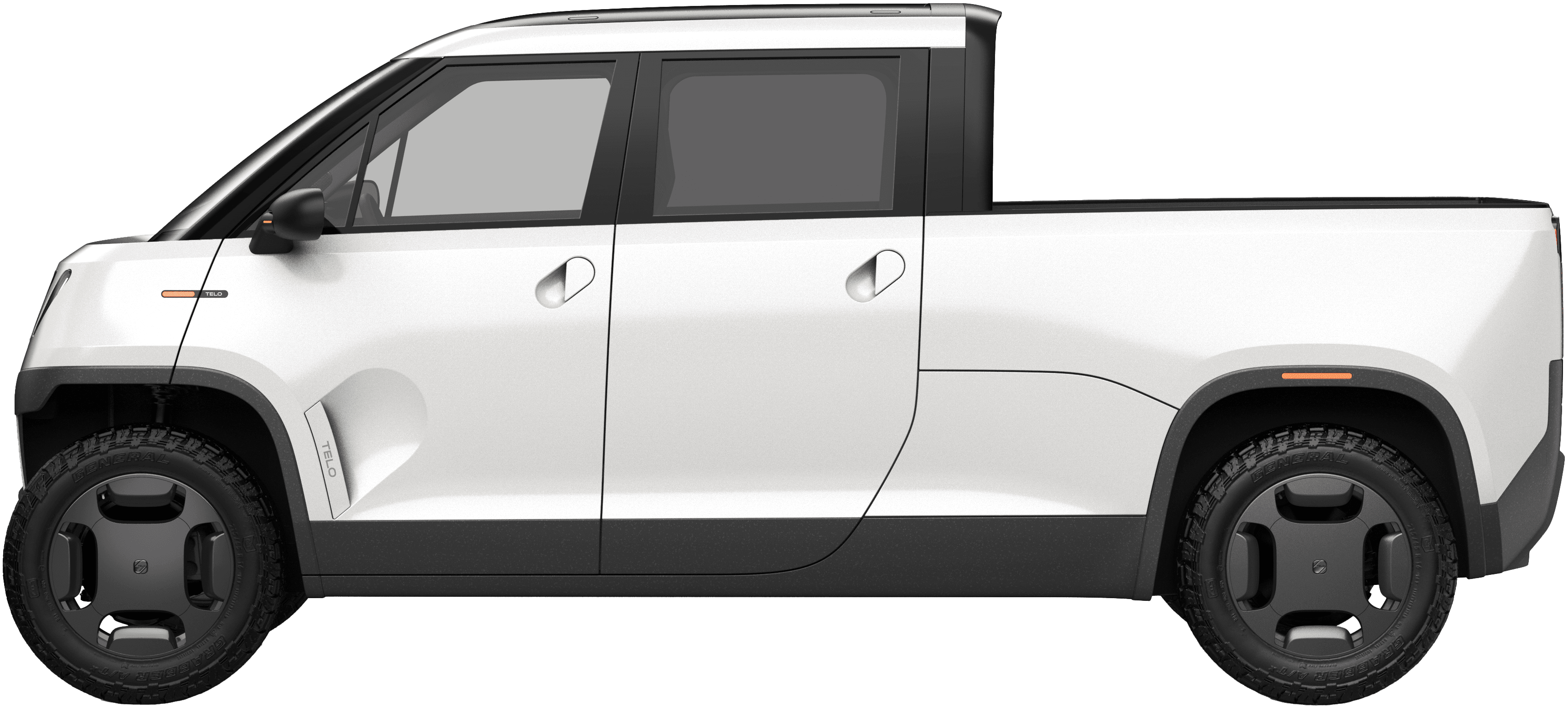 Side view of TELO truck against white backdrop.